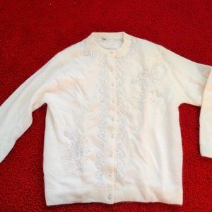 vintage 60s beaded white angora/wool pearl button cardigan NWOT